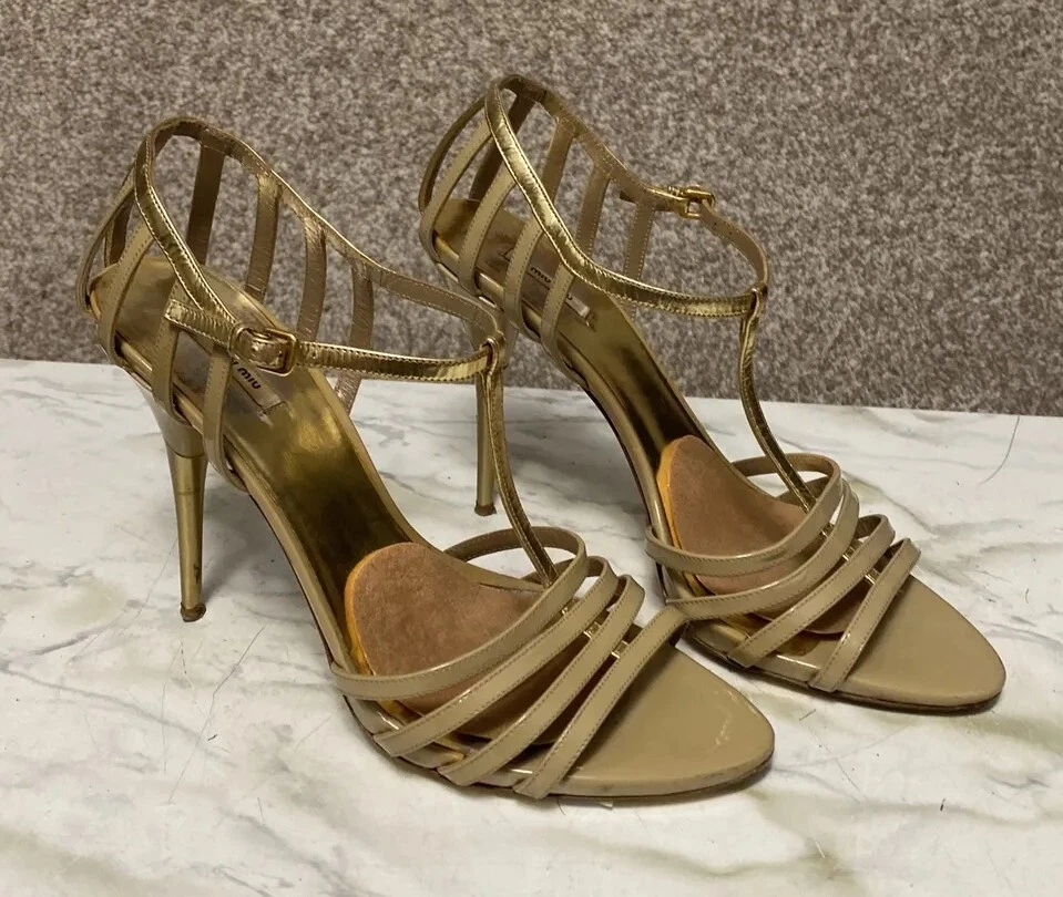 Miu Miu Womens Gold Glamour Cammello T Strap Cage Heel Sandals Size 40 US 10 - Image 1 of 4