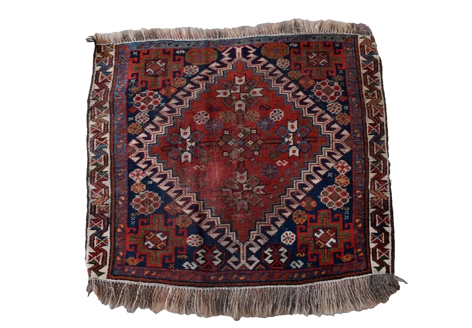 2x2 Antique Tribal Bag Face – Deep Red & Navy Diamond Medallion Design – Nomadic - Image 1 of 4