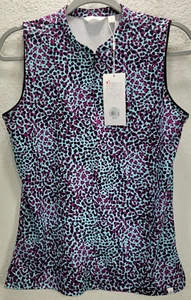 Lady Hagen Womens Sleeveless Leopard Print Mock Neck Polo Sz Small Blue Purple - Picture 1 of 10
