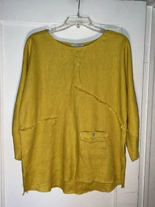 Top túnica John Mark amarillo mostaza lino Lagenlook, talla XS. c943 - Imagen 1 de 12