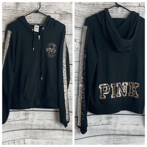 Pink Victoria’s Secret sequin bling 90’s Y2K logo long sleeve hoodie size L