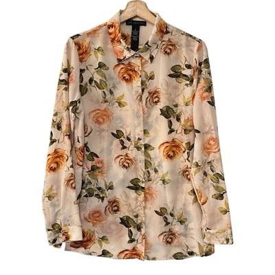 Blusa Joan Vass Mujer Rosa Floral Abotonada Bronceado Transparente Desnudo Manga Larga Top M Foto 1 de 4