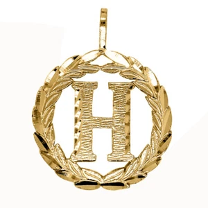 Genuine 14k Yellow Gold 0.78" Wreath Initial Block Letter 'H' Round Pendant - Picture 1 of 5