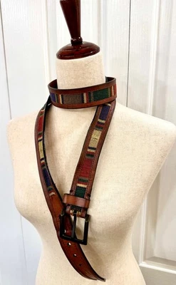 Cinturón vintage, para hombre talla 44 de Columbia Sportswear Co, incrustaciones de cuero y tela Foto 1 de 3