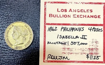 Ouro 1862 Filipinas Isabella II 4 pesos  - Imagem 1 de 2
