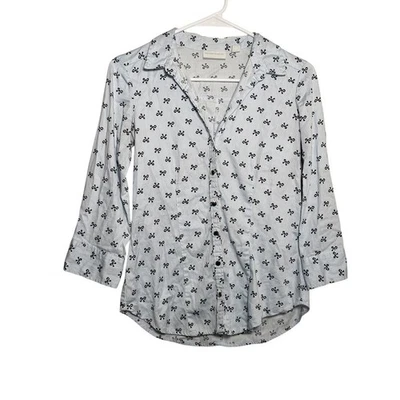 New York & Company Blouse Women's XS Bow Printed Button Up Collared Top Foto 1 de 4