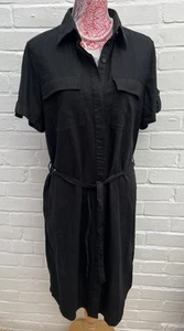 New Next Linen Blend Shirt Dress UK 14 Petite Black Short Sleeve Belted - Picture 1 of 11