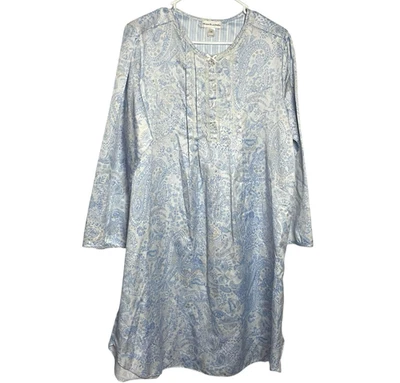 Miss Elaine Brushed Satin Nightgown Womens M Blue White Paisley Long Sleeve Midi - Image 1 of 4