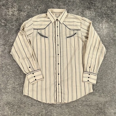 Roper Western Shirt Mens Large Beige Striped Long Sleeve Pearl Snap Smile Pocket - Image 1 of 4
