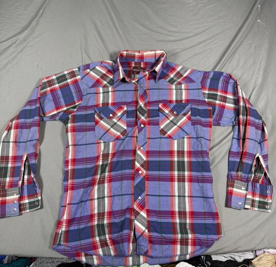 Wrangler Dress Shirt Mens Medium Purple Plaid Western Pockets Pearl Snap Front - Image 1 of 4