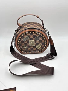 Luyimaidier Handbag Purse Brown Gold Checkerboard Logo Moshineno Bear Strap - Picture 1 of 24