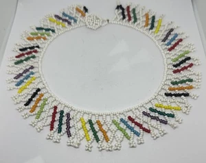Vintage Handmade Glass Seed Bead Multicolor And White Collar 16" Necklace - Picture 1 of 4
