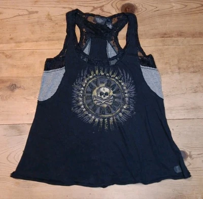 Camiseta sin mangas Harley Davidson Y2K de colección para mujer L calavera hueso cruzado encaje ribete rebeldes negra Foto 1 de 4