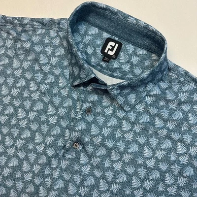 FootJoy FJ 男式高尔夫 Polo 衫短袖蕨类印花蓝色性能 XXL — 第 1/4 张图片