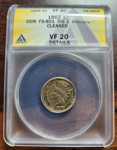 1862 Indian Head Cent / Penny - DDR FS-801 S-6 - ANACS VF20 Details - RARE! - Picture 1 of 5