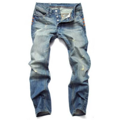 Mens Ripped Straight Leg Casual Denim Hip Hop Punk Jeans Pants Retro Blue New - Image 1 of 4