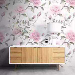 Removable Wallpaper Pink, Green Rose Peel & Stick Removable Self Adhesive - Picture 1 of 5