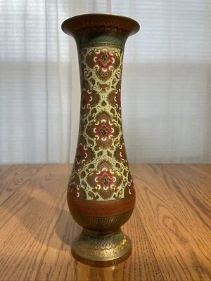 Jarrón geométrico de 12” espirógrafo Cloisonne verde y rojo de colección de latón chino asiático Foto 1 de 4