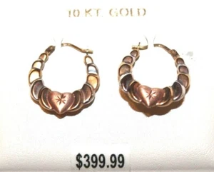 10KT TriColor Tri Color Gold Diamond Cut Heart Hoop Earrings 3/4" - Picture 1 of 4