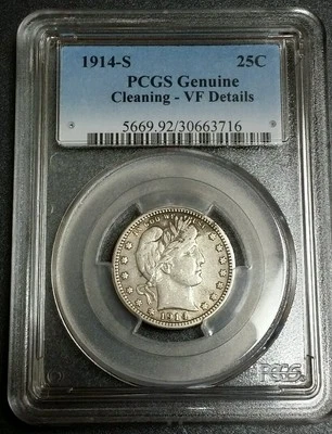 1914 S USA Barber Quarter PCGS VF Rare Low Mintage Key Date Legal Tender Silver  - Image 1 of 4