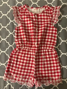 NEW Cat & Jack Romper Jumpsuit Gingham Girls 4t 4th of July Red Eyelet - Picture 1 of 1