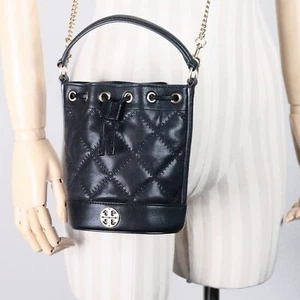 Tory Burch Willa Quilted Black Leather Drawstring Bucket Bag Purse 148249 - Picture 1 of 13