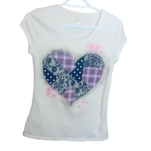 Y2K Justice Big Girls Graphic Tee Heart Patchwork Print Cute Streetwear 18 READ - Picture 1 of 12