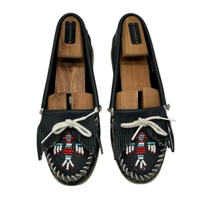 Minnetonka Thunderbird Boat Moccasins Beaded Fringe 179 Leather Womens Sz 7 Blue - Picture 1 of 6