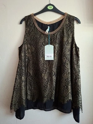 Black Gold Lace Chiffon Chain Neck Occasion Party Blouse Size M Fit 12 BNWT - Image 1 of 4