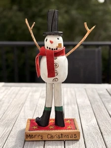 Stöcke Objekt Kunst Schneemann geschnitzte Skulptur 2003 signiert Frohe Weihnachten 14 Zoll - Bild 1 von 12