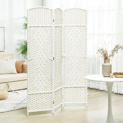 3 Panel Room Divider Hand-Woven Freestanding Partition, White - Image 1 of 4