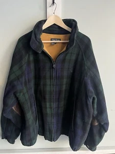 Vintage Nautica Wool Jacket Mens Large Black watch plaid Elbow Patches Leather - Picture 1 of 6
