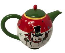 Christmas Snow Face Teapot Ceramic Hand Painted White Red Green 7 1/2" x 10"