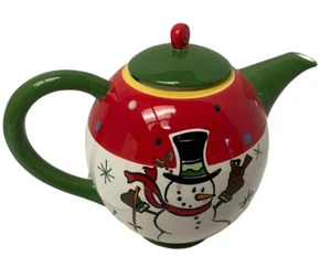 Christmas Snow Face Teapot Ceramic Hand Painted White Red Green 7 1/2" x 10" - Picture 1 of 10
