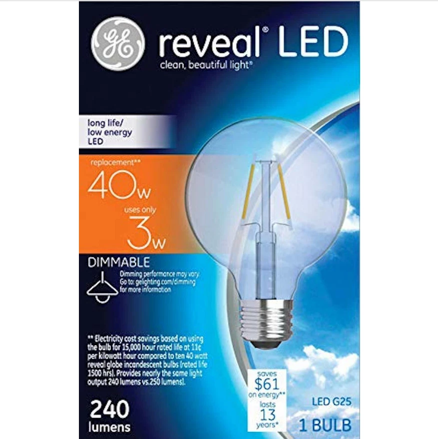 GE Led Reveal 40w Dimmable Clear Deco Globe Med Base Enhanced Spectrum Bulb - Image 1 of 1