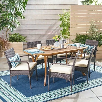 Epps Outdoor 7 Piece Acacia Wood and Wicker Dining Set, Teak with Multi Brown Ch - Image 1 of 4