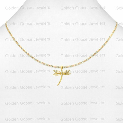 Ciondolo libellula zirconi unisex vero oro giallo 14 kt catena Valentino