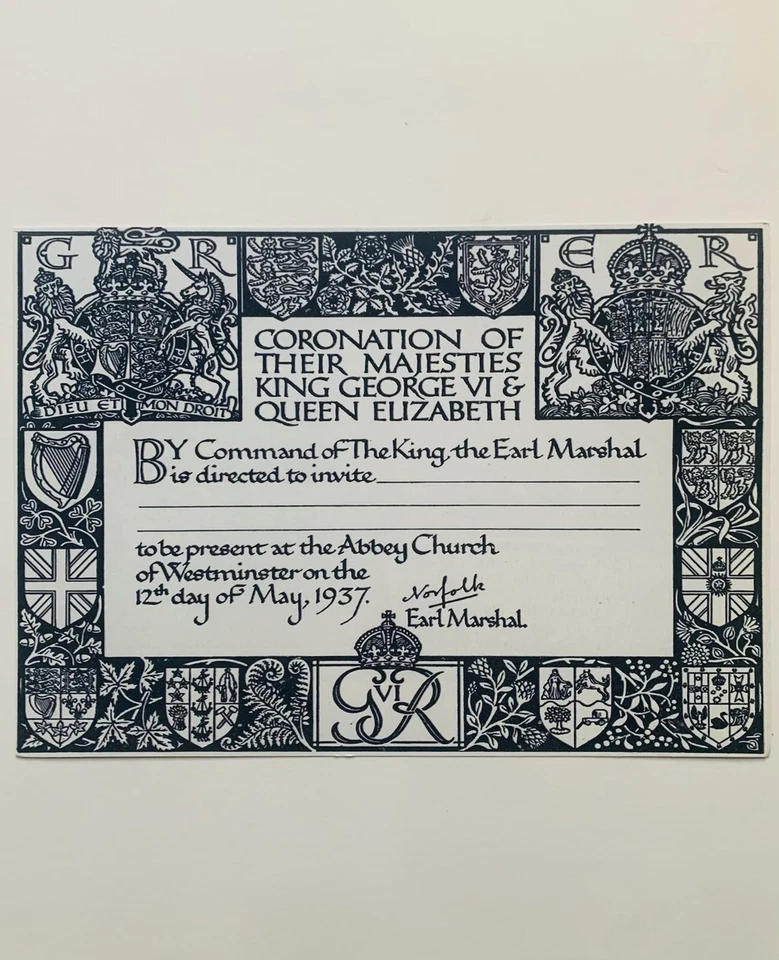 King George VI Coronation Invitation Card 1937 12/05/1937 A5 BLANK REPLICA - Image 1 of 1