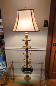 Vintage Asian Etched Engraved Heavy Brass Dual Socket Lamp - Picture 1 of 13