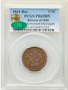 1841 BRAIDED HAIR 1/2C PCGS PR 65 BN - Picture 1 of 4