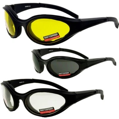 GLOBAL VISION EYEWEAR 3 Pairs Birdz Raven Snug Padded Motorcycle Riding Glasses Smoke Clear Yellow