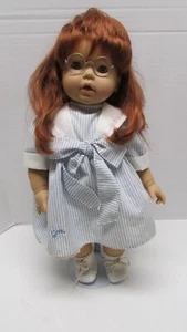 16" Vinyl Gotz Doll AUBURN Hair Glasses Gingham BLUE Dress SIGNED & DATED - Picture 1 of 15