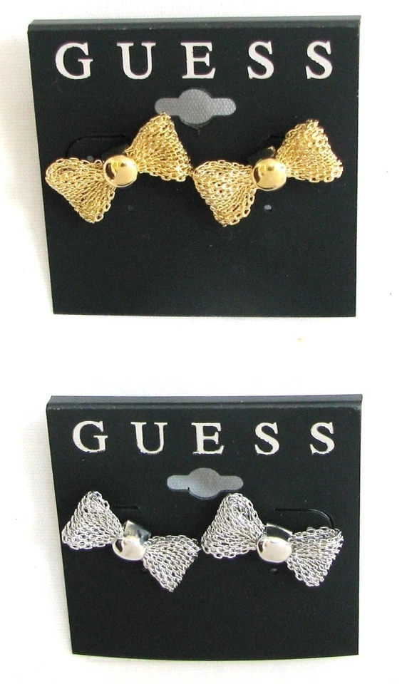 Nuovo GUESS Oro + Color Argento Fiocco a Rete Spingere Indietro Orecchini a Lobo - Immagine 1 di 1