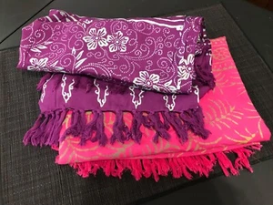 Batik Sarongs - Fringes - Florals - Purple/Aqua and Coral/Gold - PAIR - Picture 1 of 8