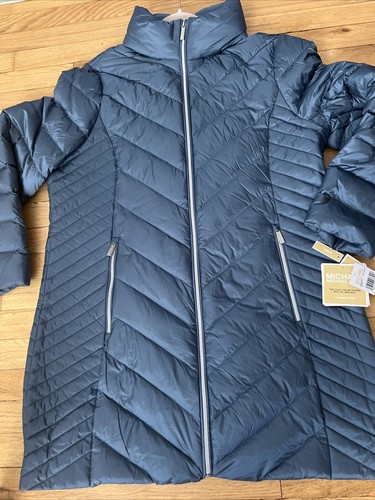 Cappotto donna XL nuovo con etichette Michael Kors blu imbottito piumino cappuccio nascosto