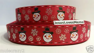 Grosgrain Ribbon, Snowman & Silver Foil Snowflakes on Red, Christmas, 7/8" Wide - Picture 1 of 1