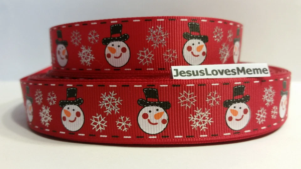 Grosgrain Ribbon, Snowman & Silver Foil Snowflakes on Red, Christmas, 7/8" Wide - Image 1 of 1