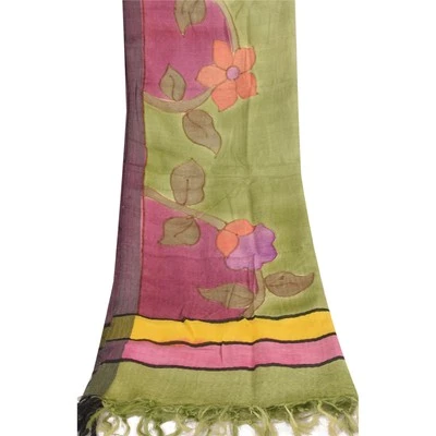 Sanskriti Vintage Green/Pink Dupatta Long Stole Blend Cotton Printed Floral Veil - Image 1 of 4