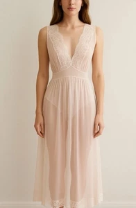 Vintage Sheer Lace Nightgown Slip Dress Blush Pink Maxi Lingerie Large Romantic  - Picture 1 of 21