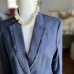 Banana Republic 10P Marine Fransenbesatz Blazer Karriere Minimalistisch Profi Tweed - Bild 1 von 9